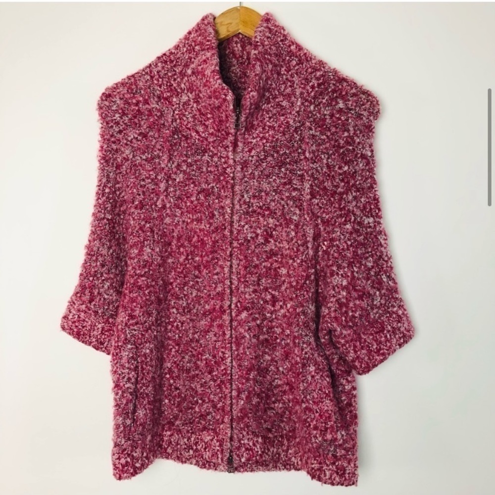 𝅺unique Mohair Knit Short Sleeve Zip Up Stretch Baggy Sweater Cardigan Coat - Picture 6 of 13